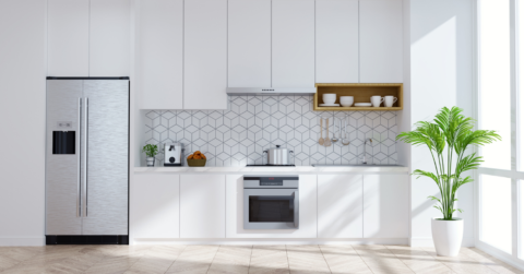 updated kitchen with modern fixes, white cabinets